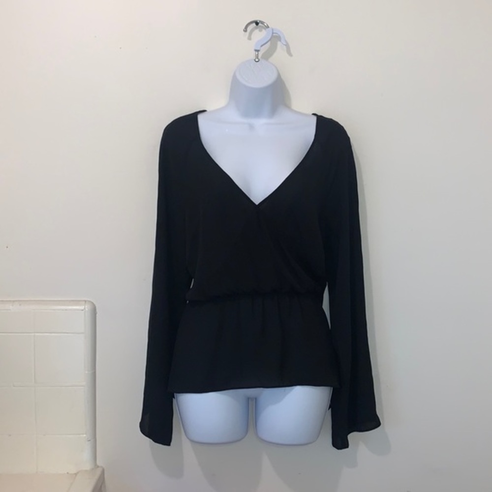 Leith Black Long Sleeve Faux Wrap Peplum Top
